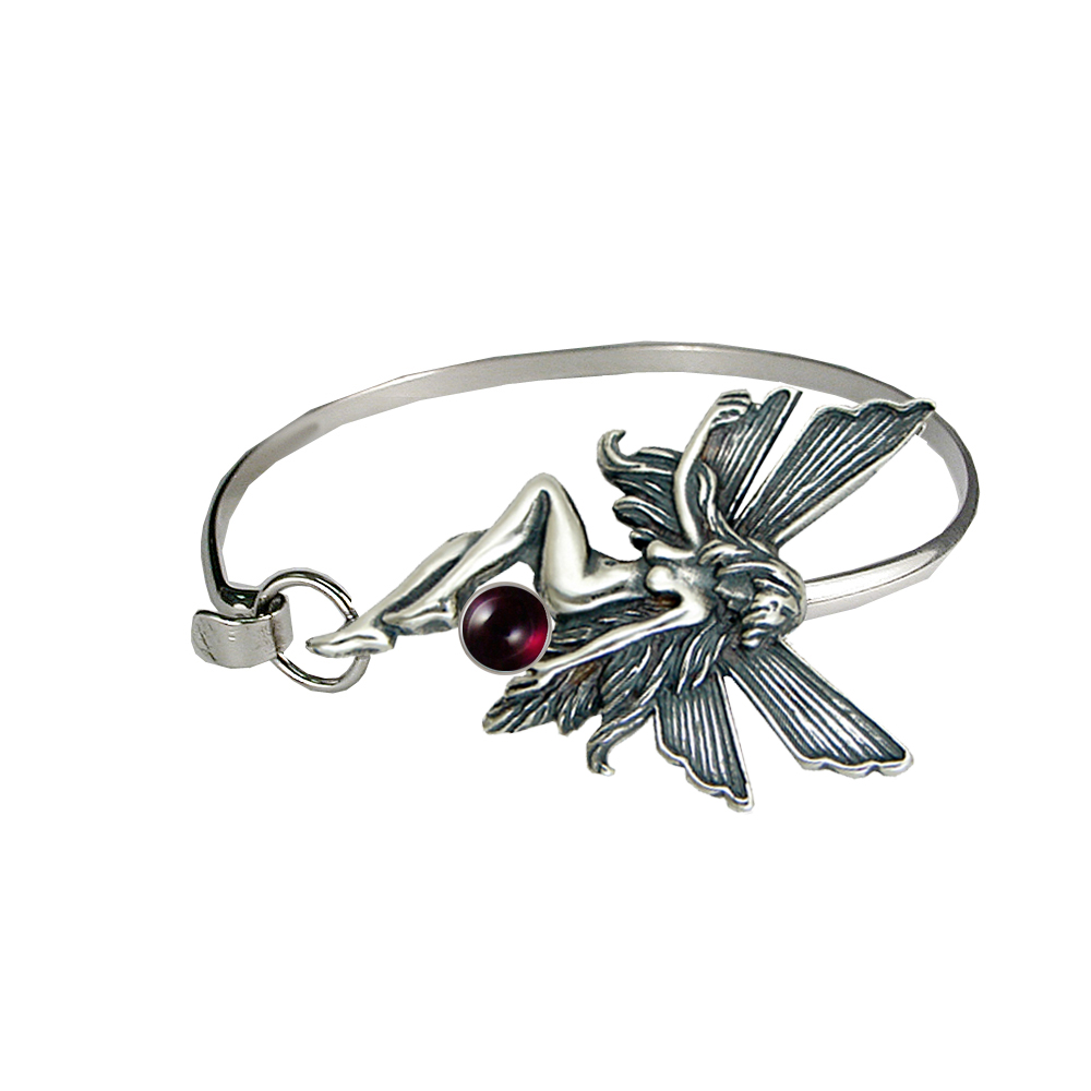 Sterling Silver Fairy Strap Latch Spring Hook Bangle Bracelet With Garnet
